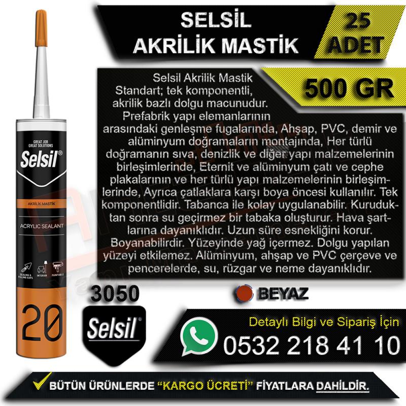  Selsil akrilik mastik 500 gr beyaz 25 adet, duvar tavan yapı yüzeylerde derz doldurma sızdırmazlık ve temiz kaplama sağlayan esnek toptan akrilik bazlı mastik